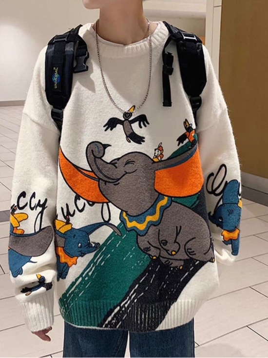 Cream Cartoon Elephant Oversized Sweater with Orange Accents - Picture 6 of 7